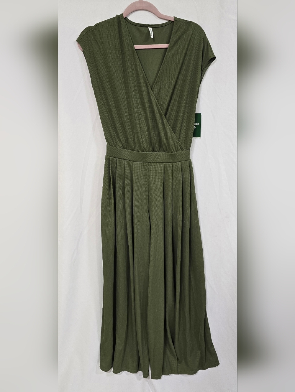 Halara women S v-neck short sleeve pocket wide‎ leg flowy waffle jumpsuit resort